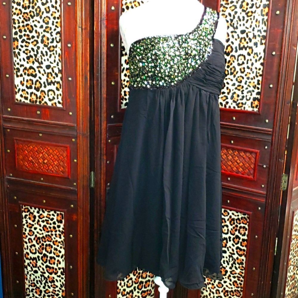 Faship Sheer Baby Doll Dress Sequin Beads One Shoulder Strap Cocktail NEW Sz 18